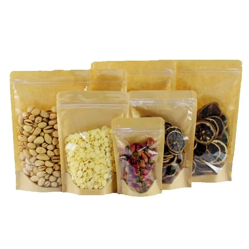 100PCS Clear Front Kraft Paper Zipper Storage Bag DIY Custom Logo Beaf Snack Candy Powder Coffee Spice Gift Packaging Pouches