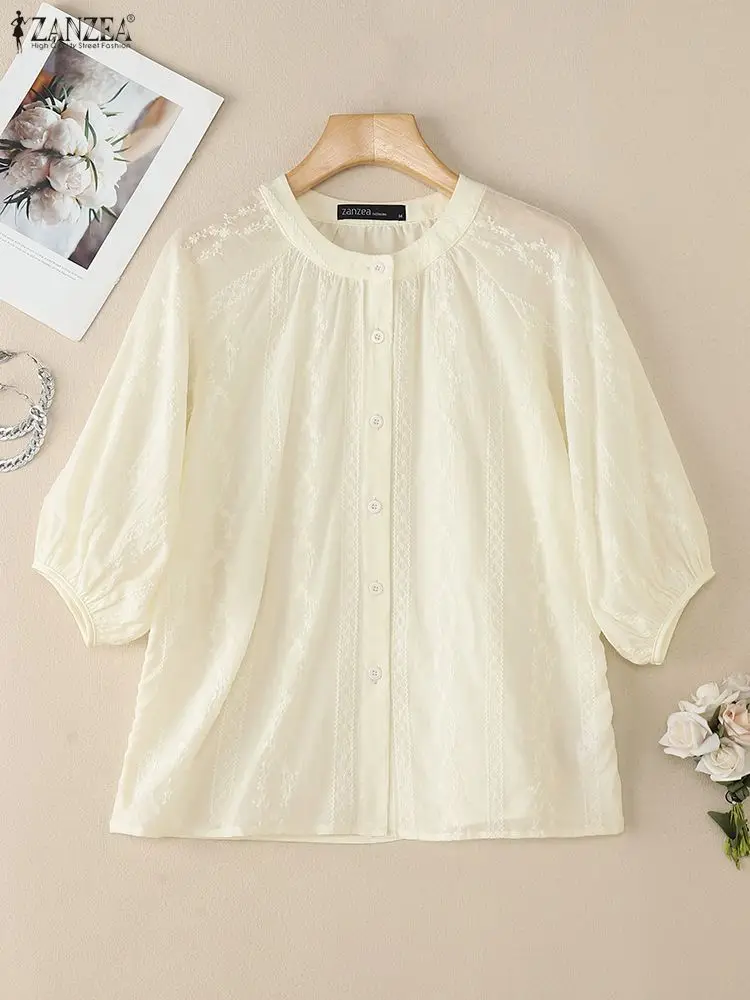 Elegant Shirts 2025 ZANZEA Summer Embroidered Blouse Women Casual O Neck Half Sleeve Work Blusas Loose Chemise Button Tops Tunic