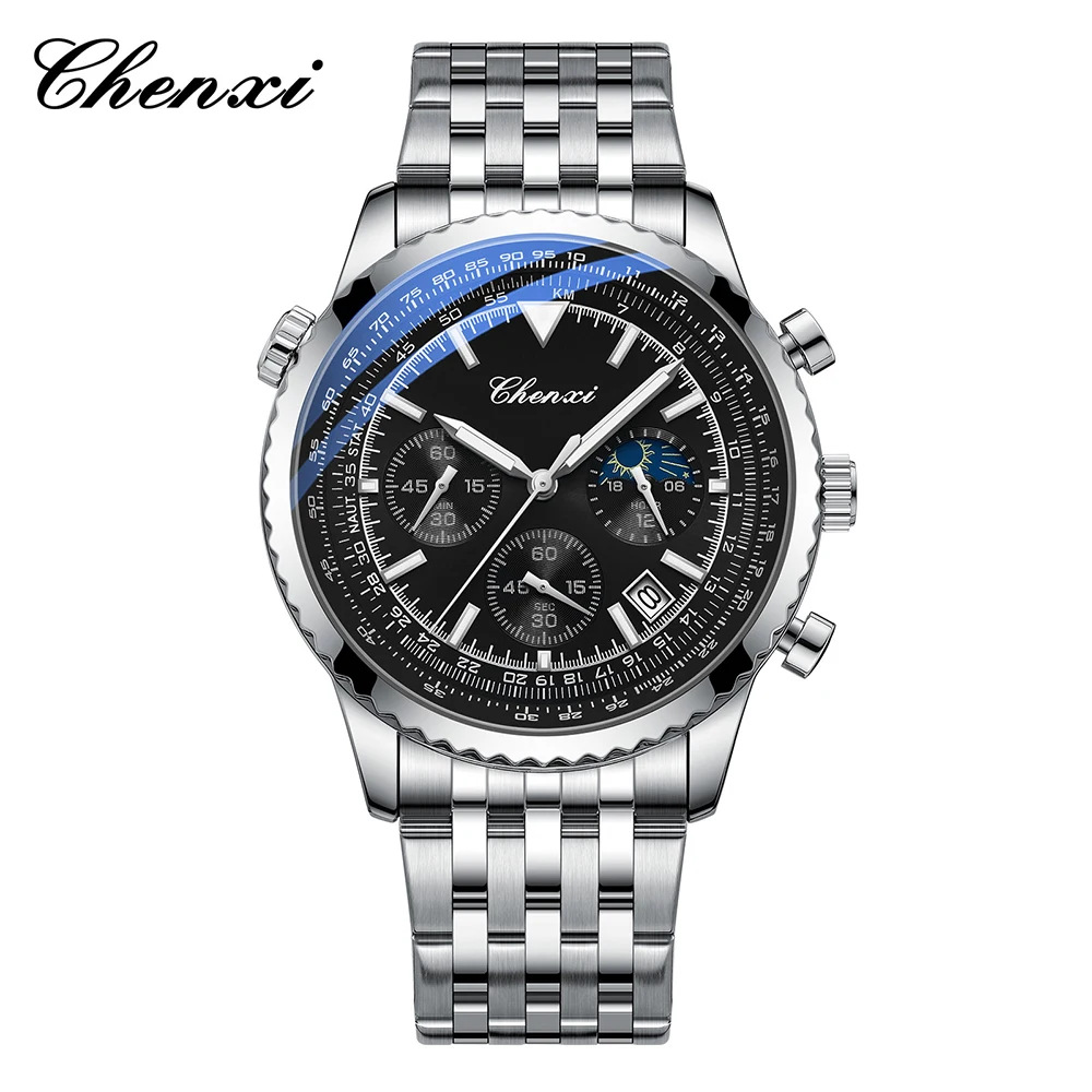 

CHENXI деловые мужские наручные часы с календарем и дисплеем фазы Луны, мужские часы, светящиеся водонепроницаемые часы для мужчин, серебряная сталь