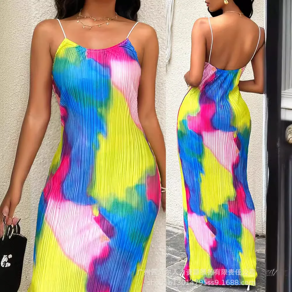ชุด Maxi ชุดผู้หญิง Colorblock Tie Dye Cami พิมพ์ชุดยาวจีบชายหาดสลิงแขนกุด Casual Elegant Party Vestidos