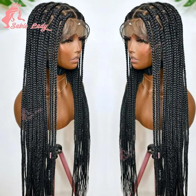 36 inche Jumbo Box Braided Wigs Full Lace Handmade Cornrow Braided Wigs Synthetic Knotless Big Box Braids Wigs for Black Women