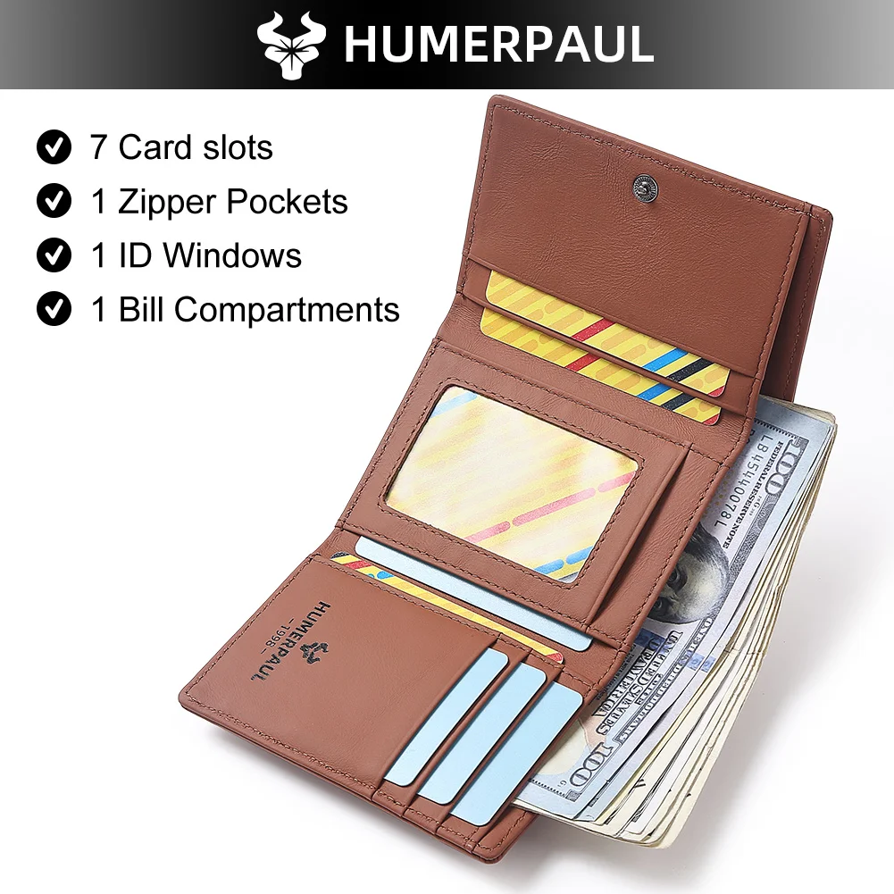 HUMERPAUL Genuine Leather Wallet Trifold Bifold Card Holder with Zipper Pocket RFID Cash Coin Organizer for Men