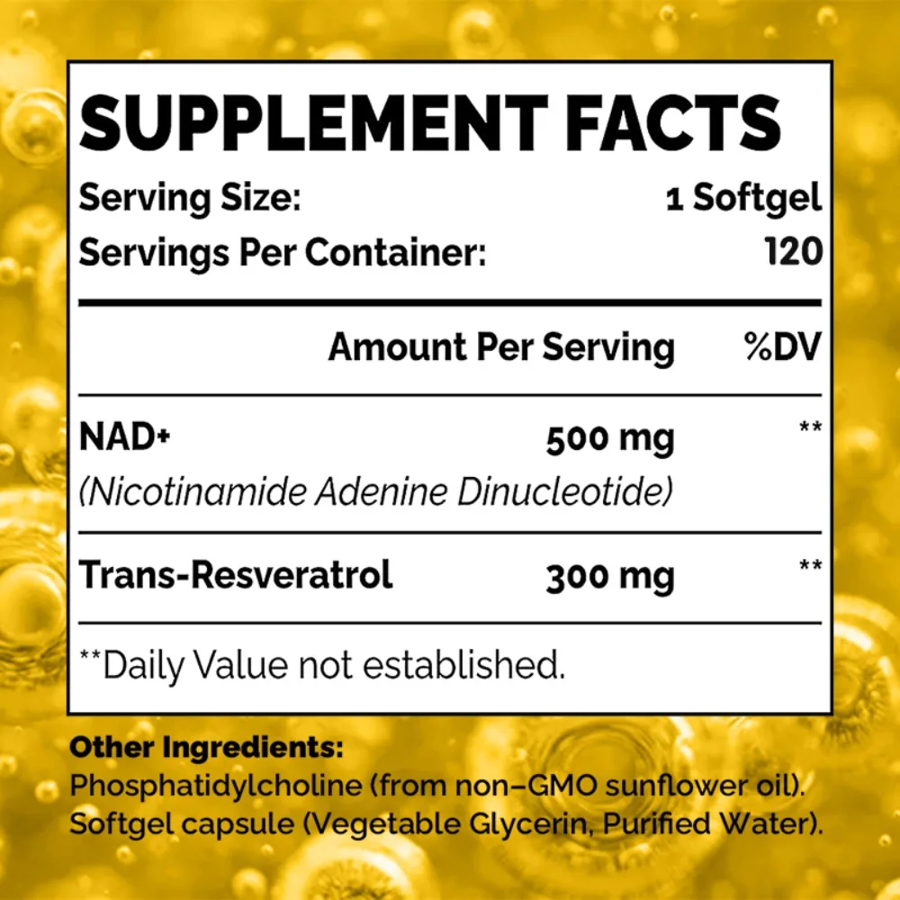 NAD+ Supplement 800mg Liposomal with Trans-Resveratrol Anti-Aging Cellular Energy Longevity Support High Absorption 120 Softgels