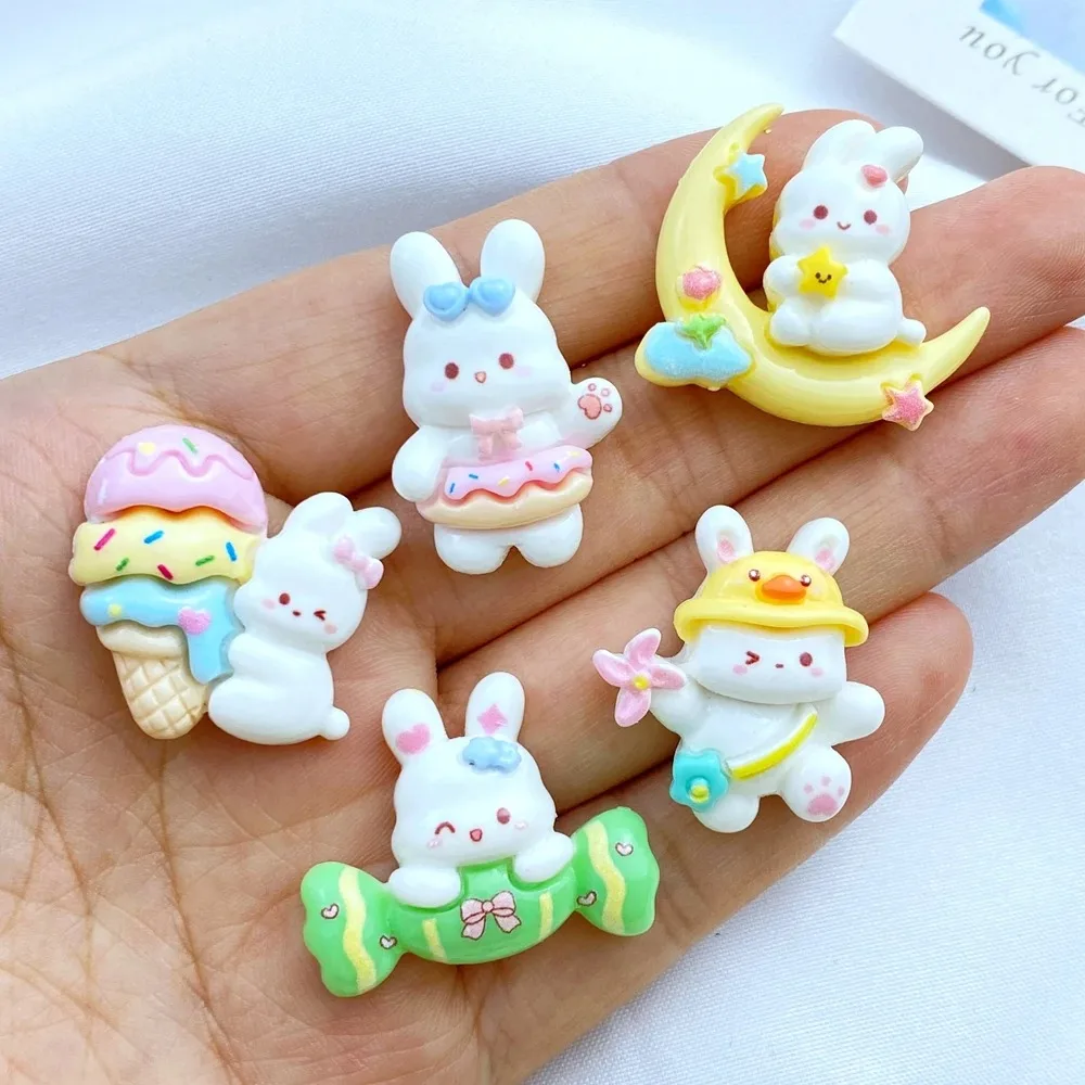 10 Uds. De piezas traseras planas de la serie de conejo helado de caramelo de dibujos animados de resina, adornos para lazos para el cabello, accesorios