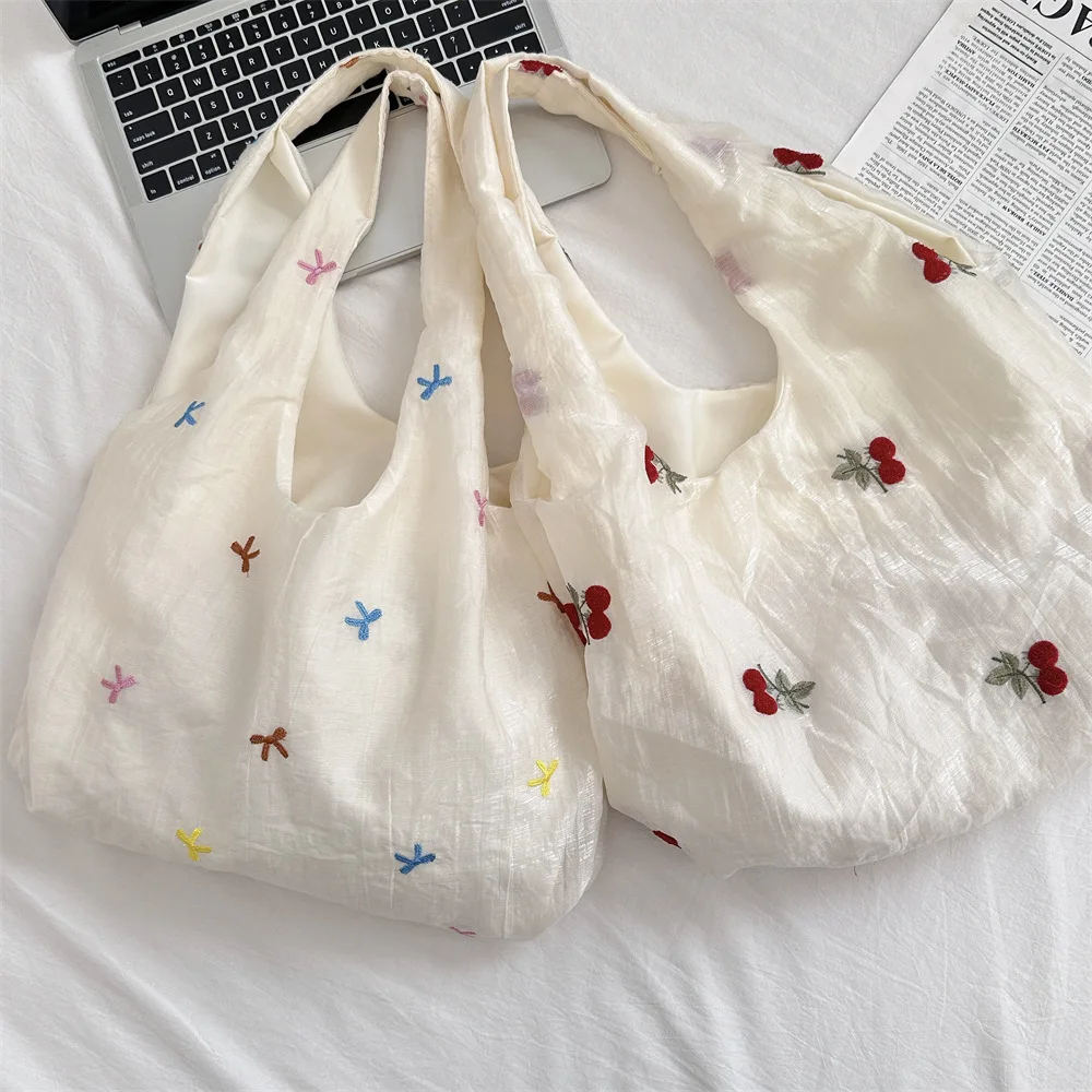 INS Sheer Embroidery Cherry Shoulder Bag, Large Capacity Canvas Underarm Bag, Casual Commute School Tote Bag for Women