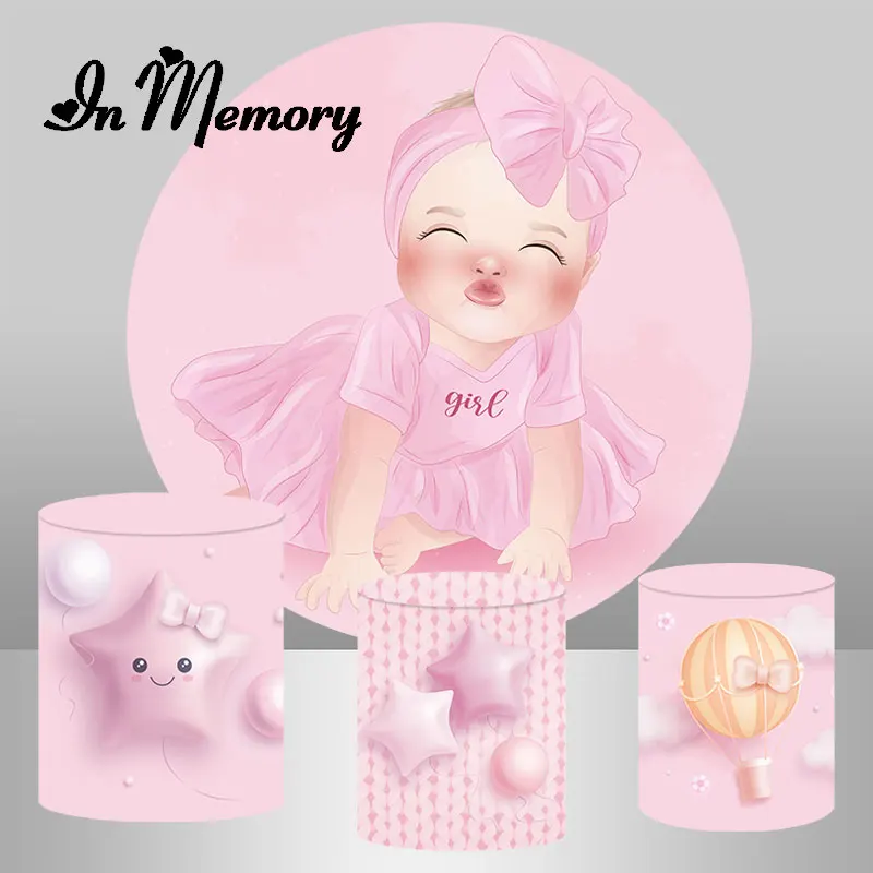 Pink Cute Bow Girls Baby Shower Round Backdrop Cover Stars Balloons Newborn 1st Birthday Party Circle Background Plinth Covers