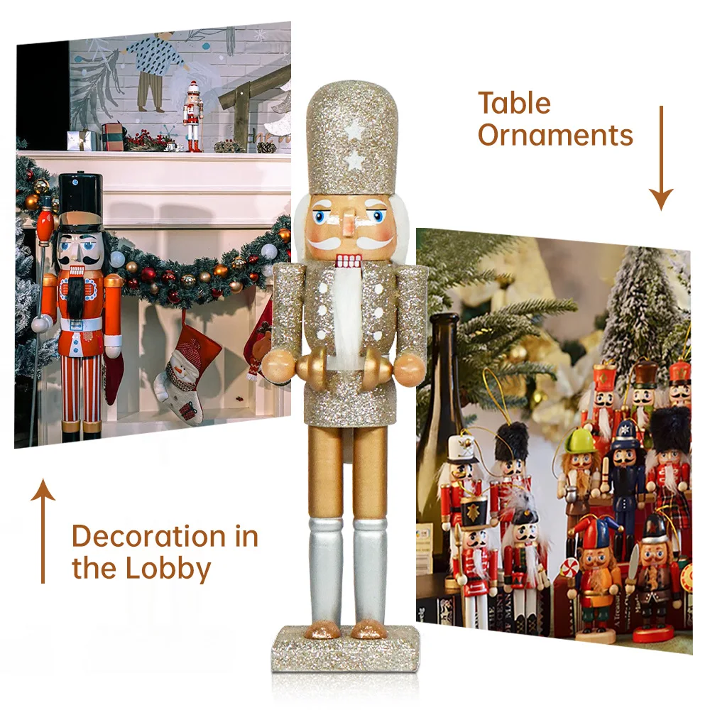 1PC White Gold Nutcracker Glitter Round Top Christmas Ornament Ornament 30CM Wooden Home Creative Cartoon Ornament Holiday Gift