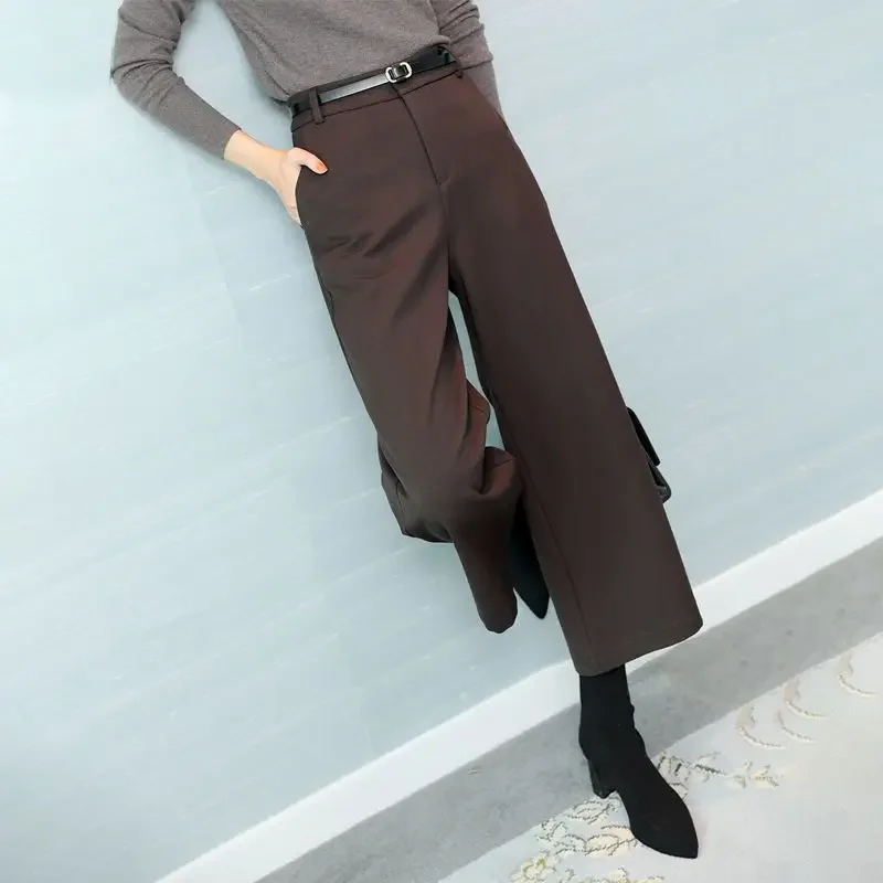 Wool Temperament BootPants Women\'s Autumn and Winter Wide-LegPants Slimming High WaistStraightCroppedPants CasualPants with Belt