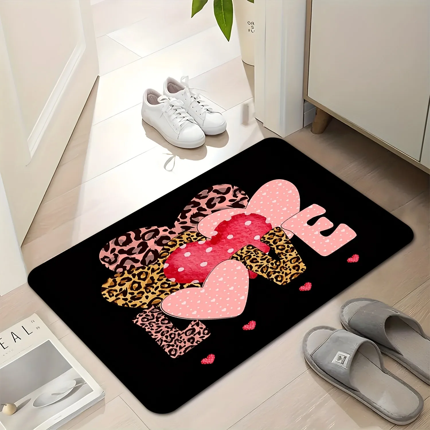 

Придверный коврик с принтом «Леопардовое сердце» и надписью «Любовь», премиум-класса, из фланели, нескользящий, для входной двери, для домашнего декора ко Дню святого Валентина