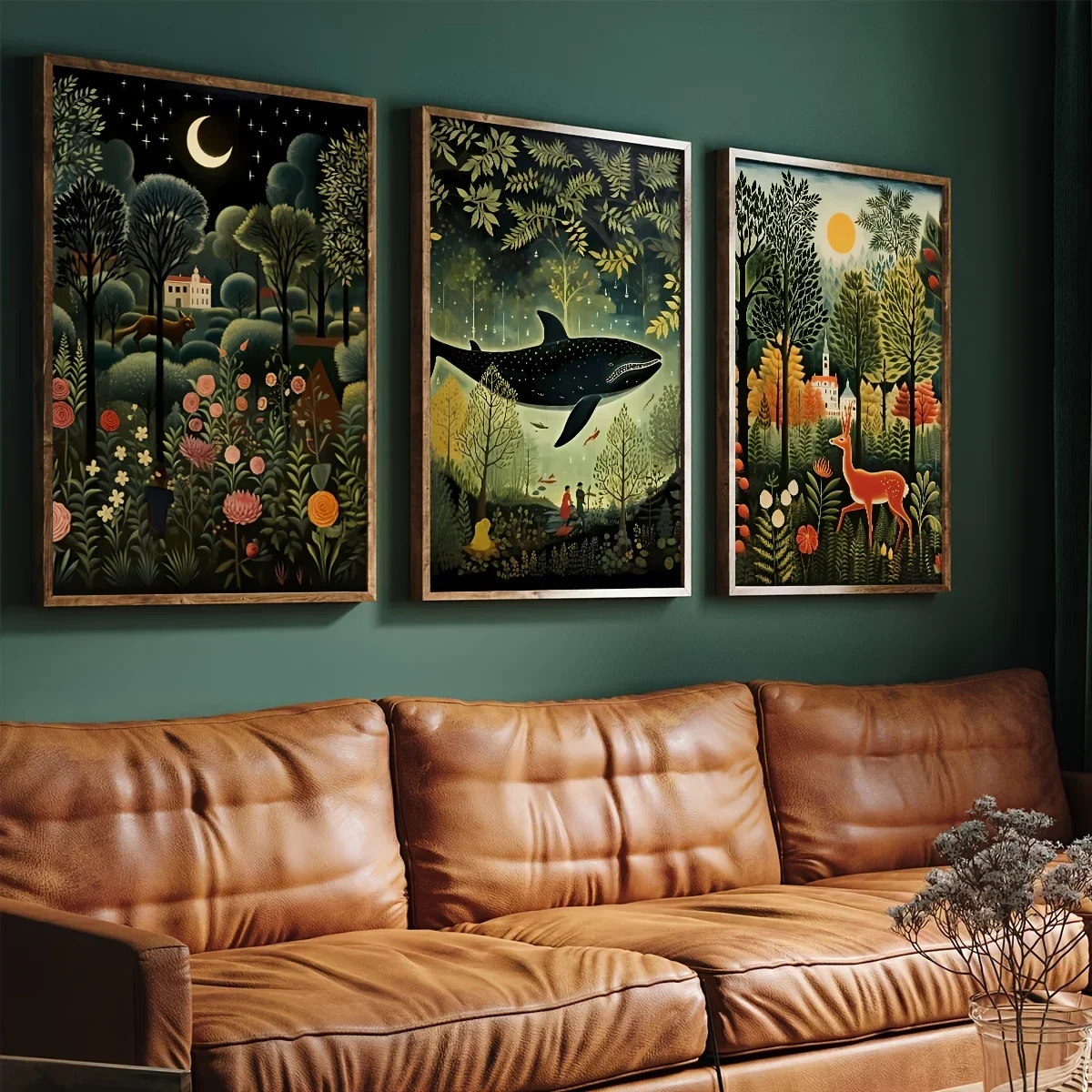 3pcs Moon Sun Whale Fawn Green Woodland Canvas Printing Tropical Jungle Inspired Wall Art Poster for Spring Nursery Home Decor