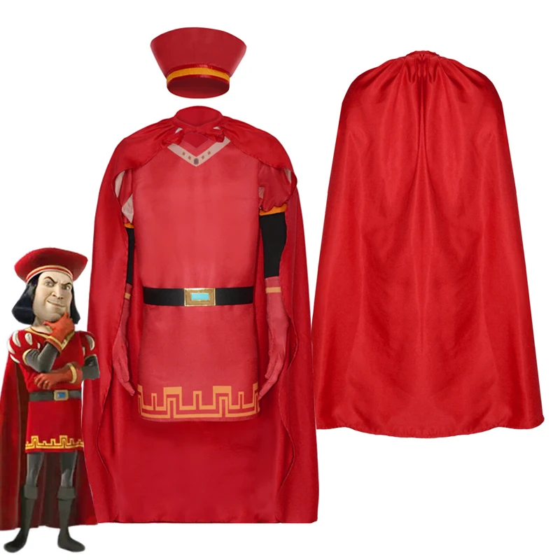 ผู้ชาย Lord Farquaad คอสเพลย์เครื่องแต่งกายผู้ใหญ่ King Farquaad หมวกเสื้อคลุมสีแดง Cape Tops กับเข็มขัด Deluxe ชุดสําหรับฮาโลวีน