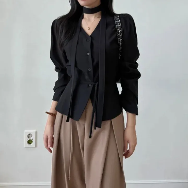 Ele V-ne Long Sve irt Damen Chic Spring Faion Single Button Ne Hängende Taille Cinching Vielseitiger Damen irt