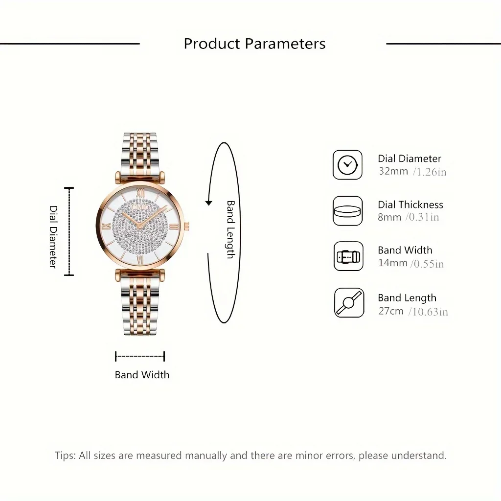 ساعة كوارتز بقرص رقمي روماني ، مؤشر دائري ، ديكورات حجر الراين ، سوار من الفولاذ المقاوم للصدأ ، كلاسيكي فاخر #4