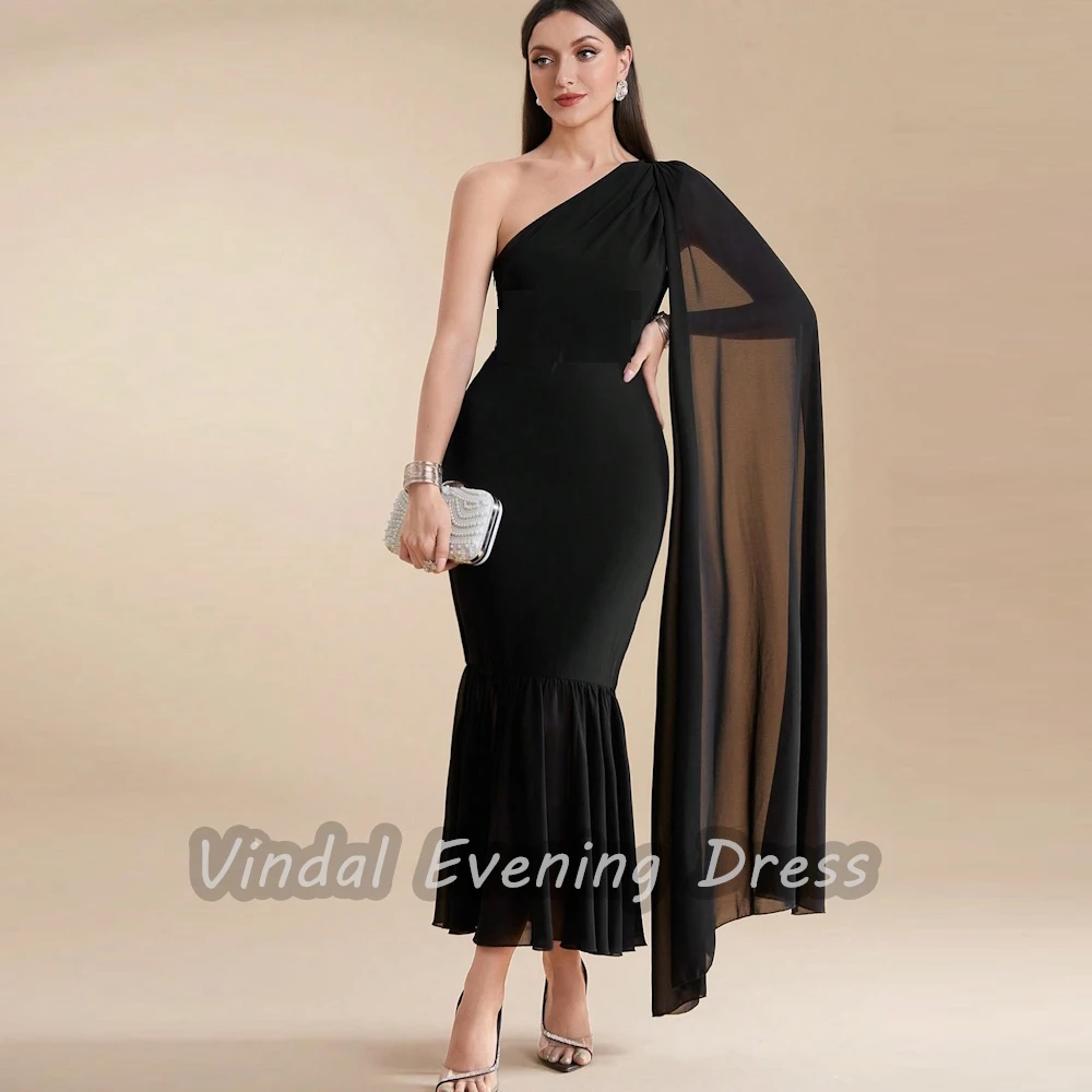 

Vindal Chiffon Ankle length One Shoulder luxurious Ruffle Straight Breast Padding Elegant Short Sleeves السعود For Woman 2024