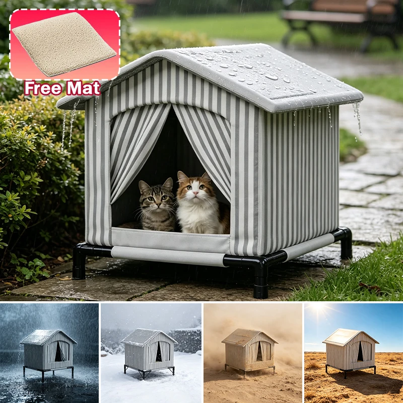 Winter Warm Stray Cat Shelter 8cm Elevated Feral Cat House Waterproof Oxford Fabric Moisture Proof Kennel for Outdoor Garden