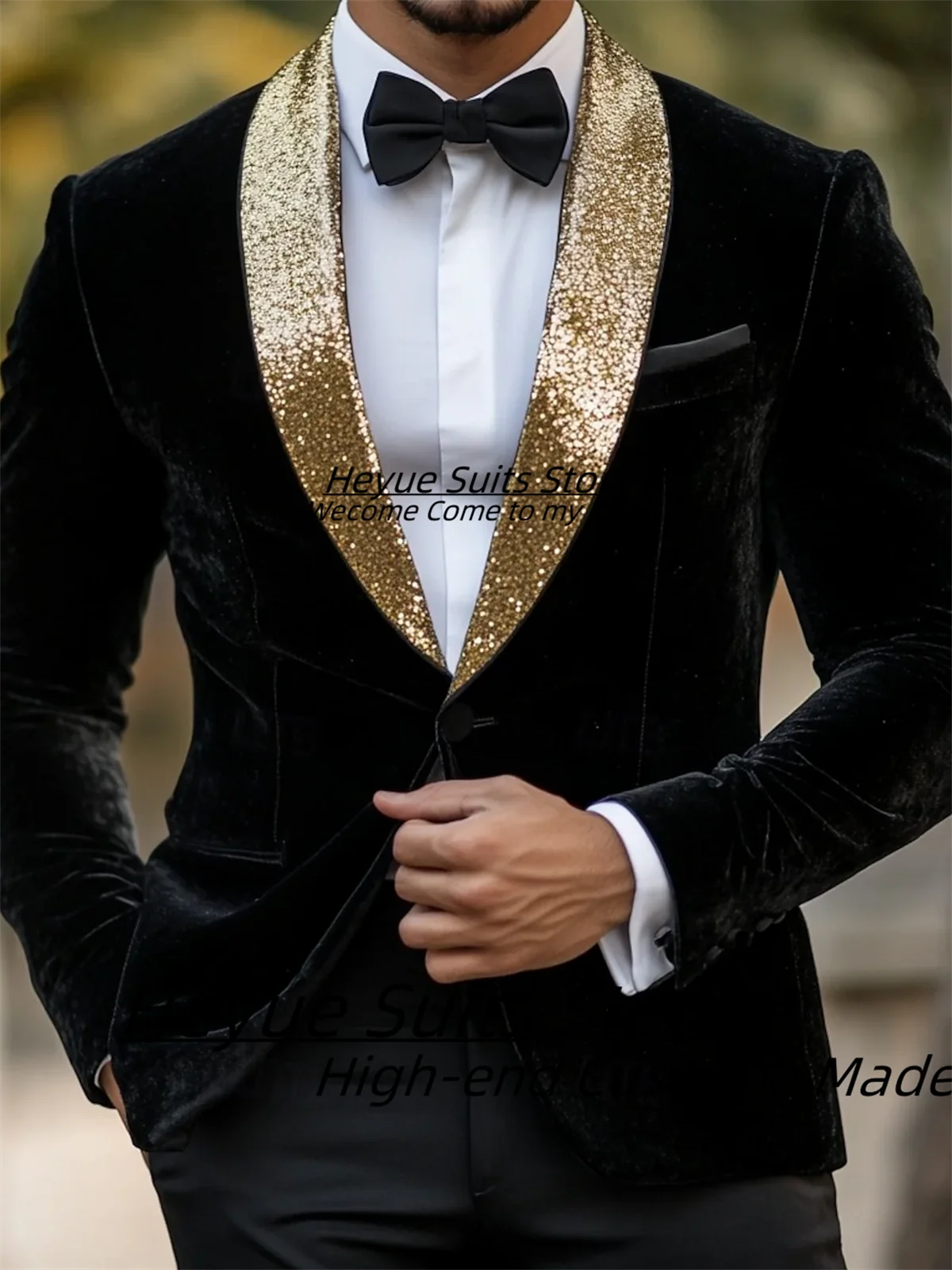 

Luxuly Black velvet Wedding Suits For Men Slim Fit Golden Shawl Lapel Groom Tuxedos 2 Pcs Sets Handsome Male Blazers Ropa Hombre