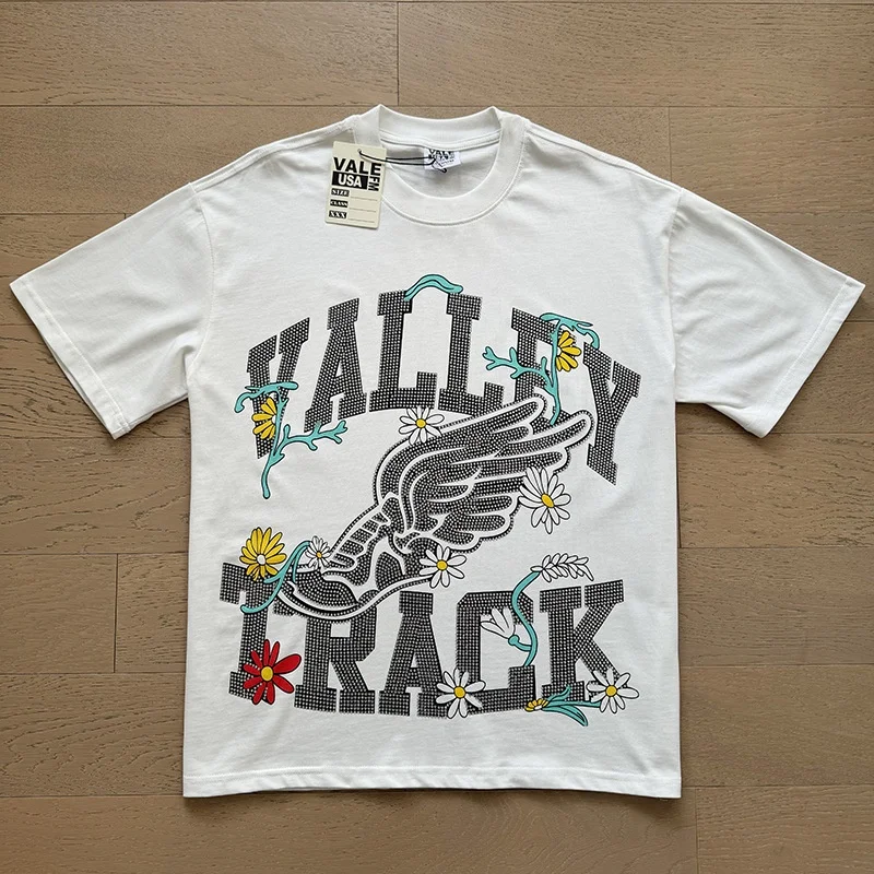 Vale Forever White Vintage VALE DREAMS Unisex Loose T-shirt, Floral Wing & Football Graphic Hip Hop Short Sleeve Tee
