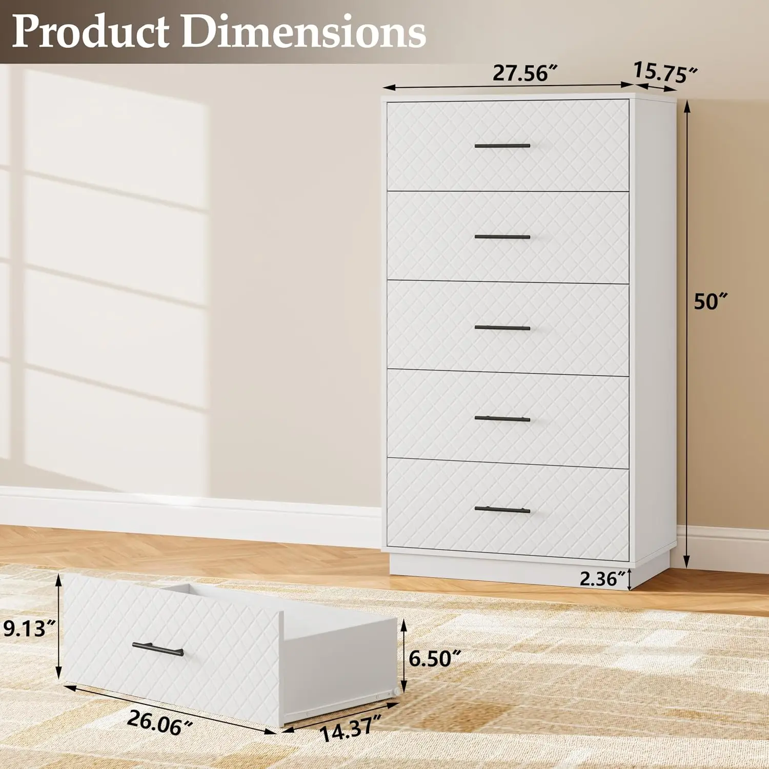 Tall Dresser with 5 Drawers, Modern Wooden Chest of Drawers with Diamond Panel, Anti-Tipping Device, Sturdy, Customized