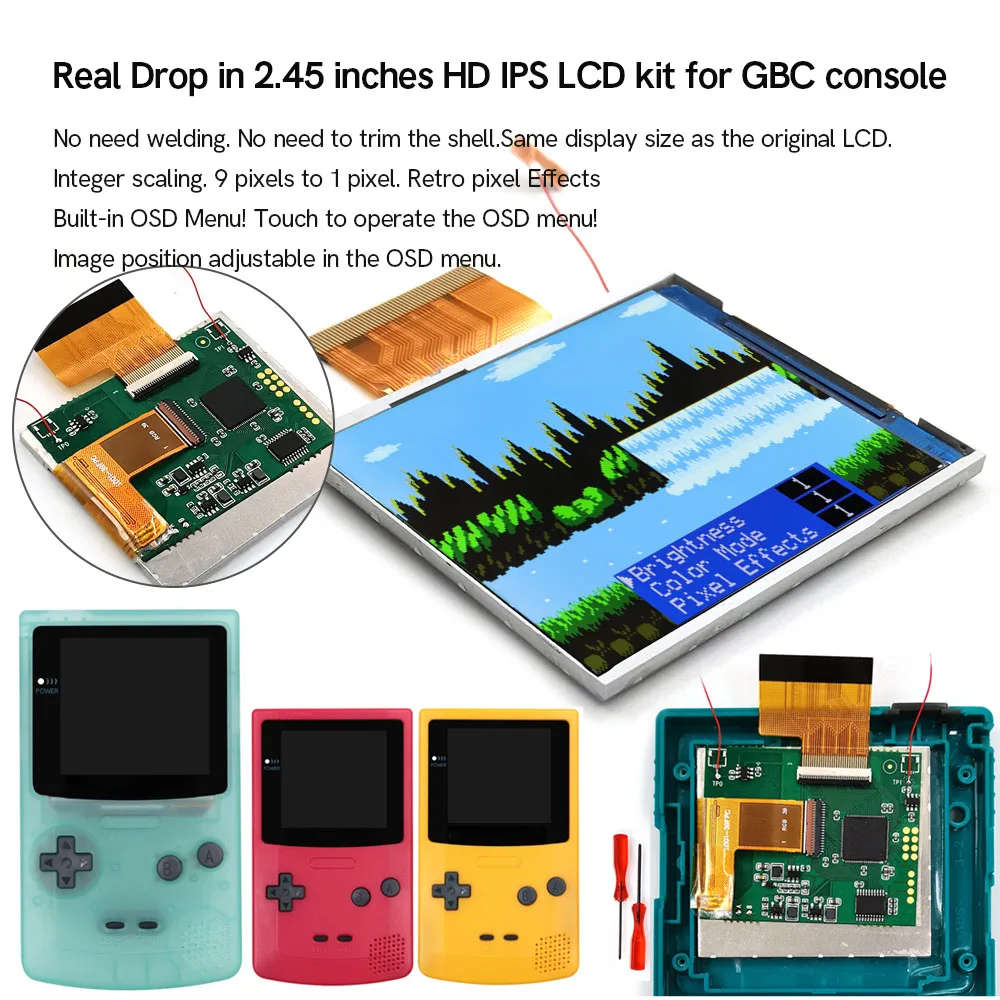 

HISPEEDIDO Drop in 2,45 "GBC IPS экран FRM комплекты модов для печатной платы замена нет необходимости сварки OSD пиксельный эффект для Gameboy Color