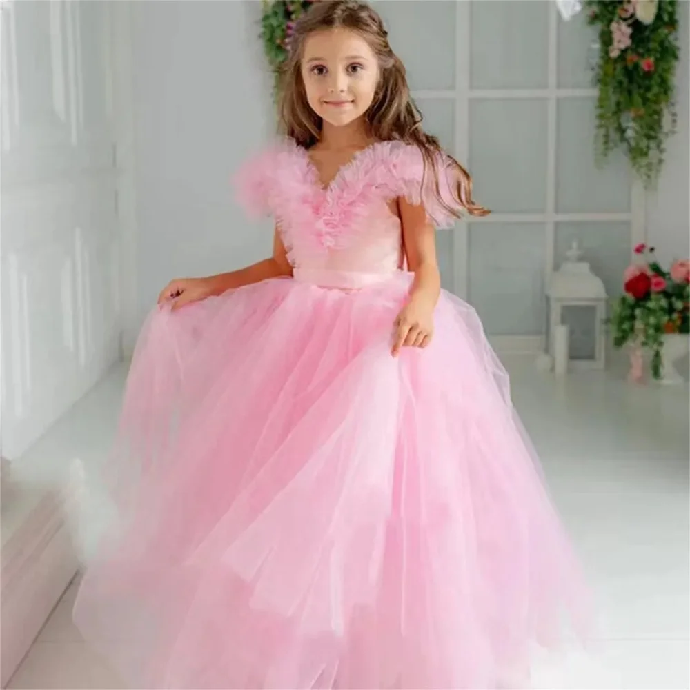 Lovely Princess Pink  Flower Girl Dresses For Wedding Tulle Birthday Wedding ball Pageant Floor Length Communion Piano Playing