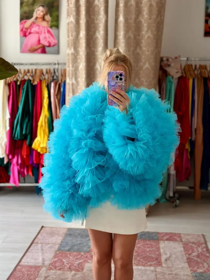 

Синее пышное красивое тюлевое пальто с длинными рукавами, женский топ из тюля, куртка для дня рождения, накладной пиджак с оборками, плиссированная куртка