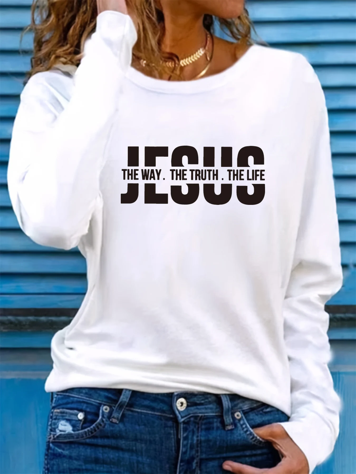

100% pure cotton women's spring and autumn comfortable casual long sleeved Jesus letter graphic printed round neck T-shirt