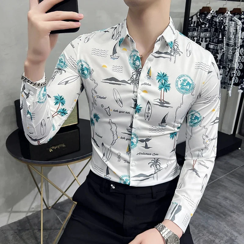 Men's Hawaiian light luxury long sleeved floral shirt, surfboard printed shirt, casual top, elegant clothing, polyester fiber fa
