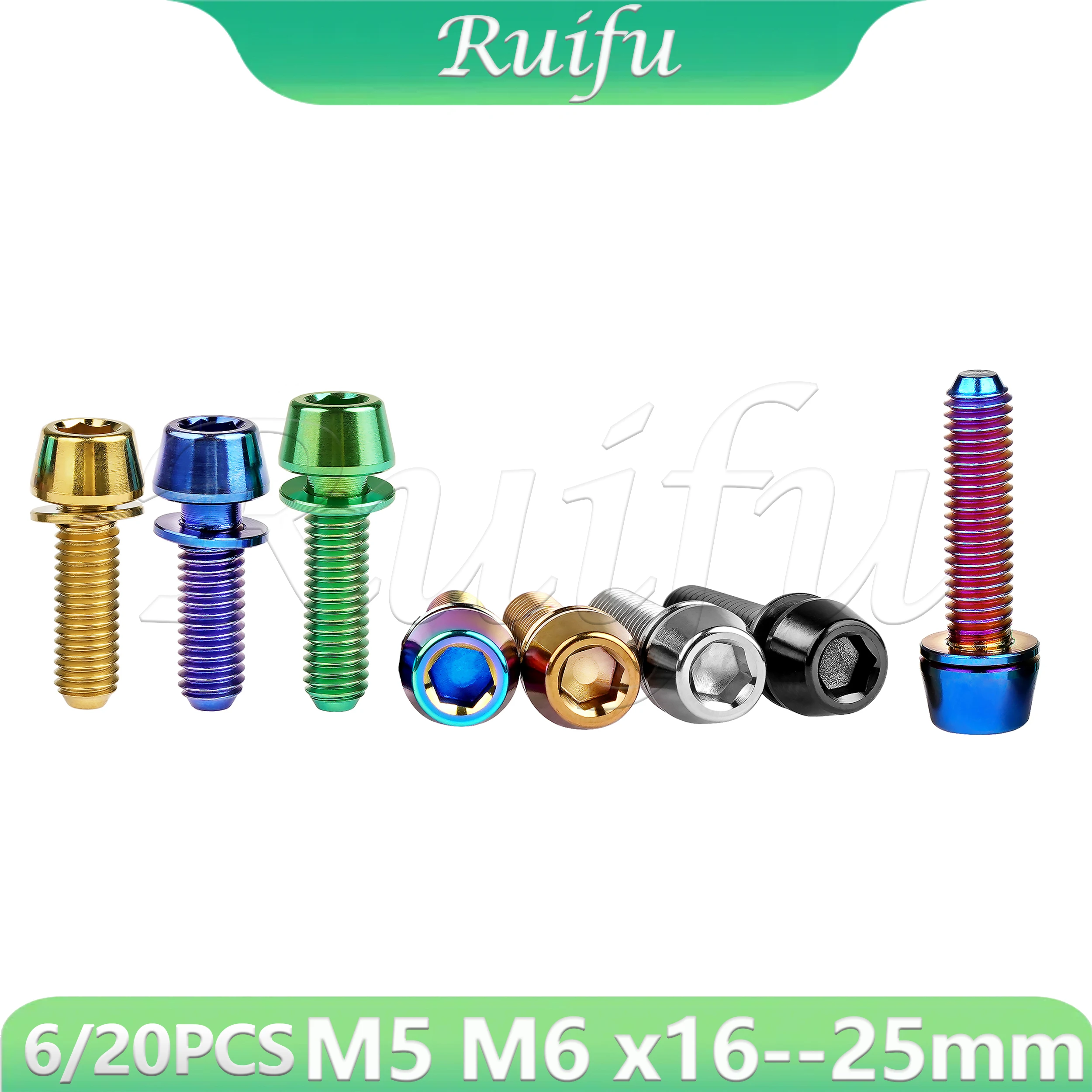 

Ruifu Titanium Bolt 6/20PCS M5/M6x16 18 20 25mm Tapered Head with Washer Allen Key Screw for Bike Disc Break Calipe