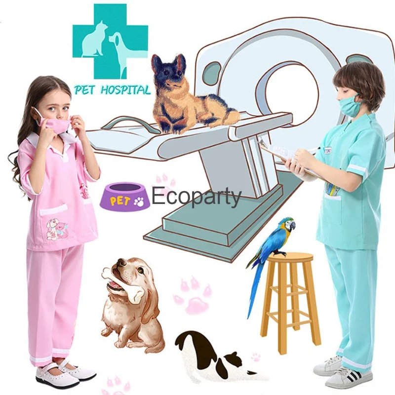 Children Veterinary Surgical Uniform Kids Doctor Nurse Work Shirt Pants Suit Boy Girls Cosplay Halloween Costumes Birthday Gifts