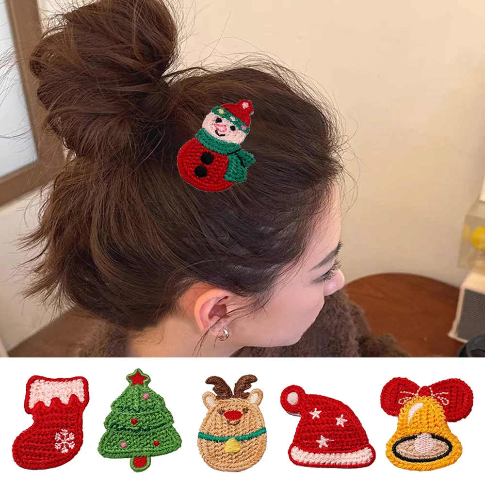 2pcs Christmas Knitted Hair Clip New Year Bangs Side Clip Elk Xmas Tree Handwoven BB Clip Deer Santa Claus Wool Knit Hair Pins