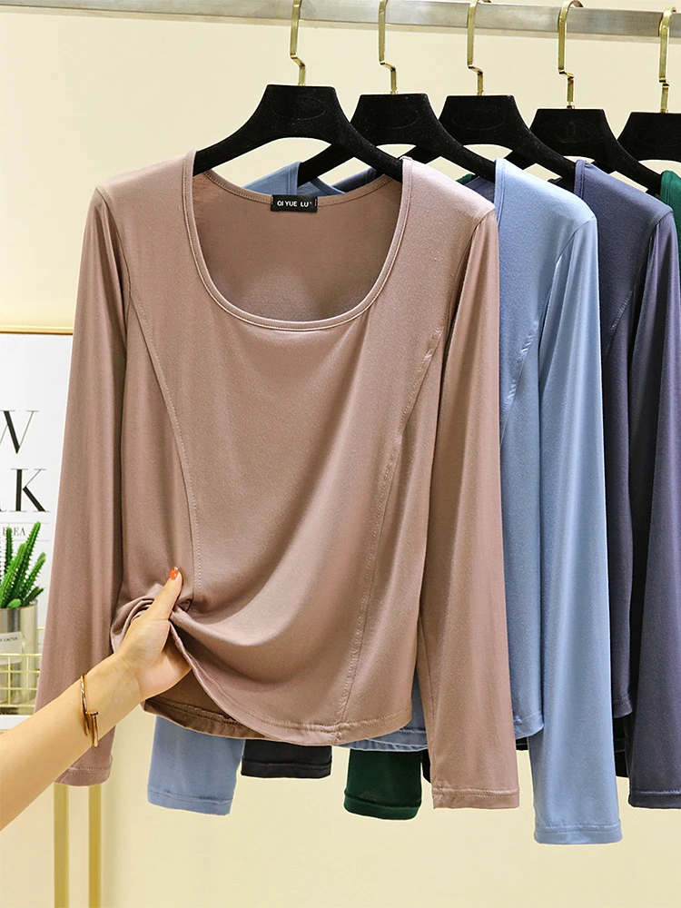 فضفاضة تناسب طويلة Sve مشروط قاعدة irt المرأة الخريف رقيقة لون نقي عادية تي شيرت كبير الحجم ساحة طوق قاعدة طبقة علوية