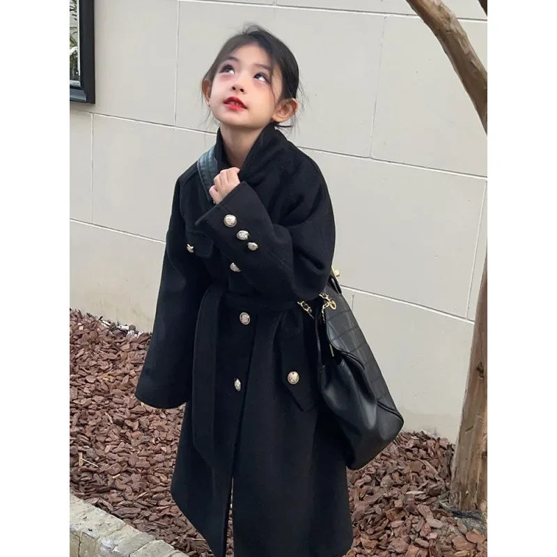 Teenage Girls Woolen Coat Jacket Overcoat 2024 Black Double-breasted Warm Thicken Winter Cotton Plus Size Children\'s Clothing