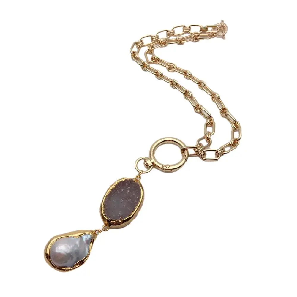 

Freshwater White Keshi Pearl Natural Quartz Druzy Pendant Gold Plated Chain Necklace Fashion Jewelry