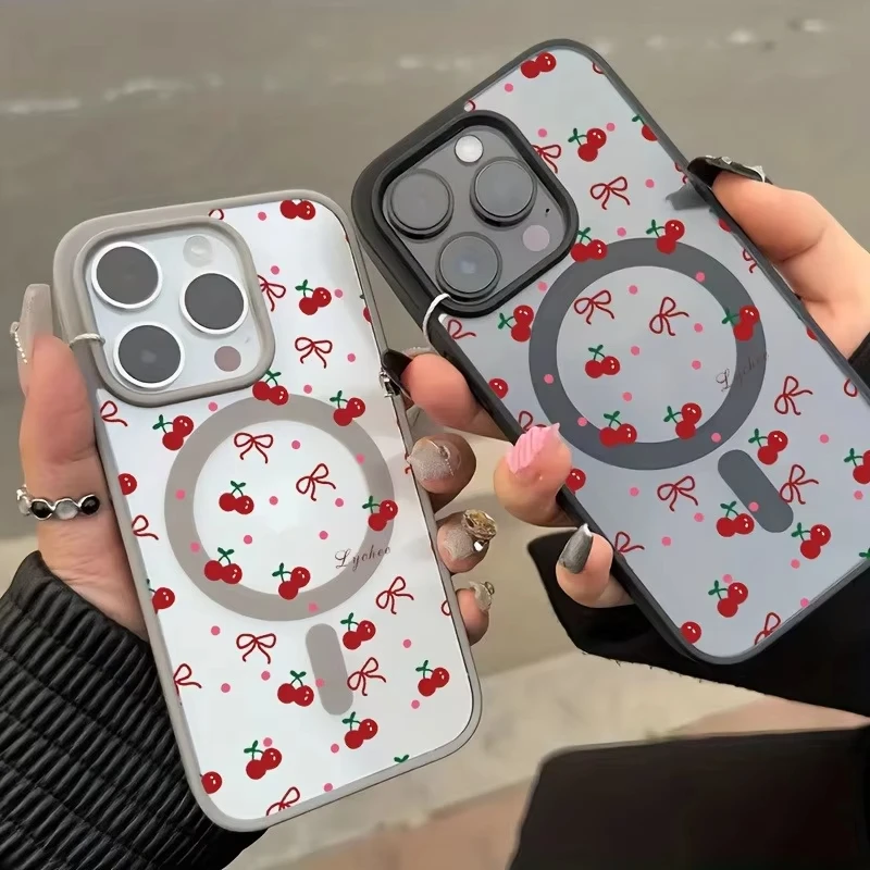 Red Cherry Printed Magnetic Phone Case For iPhone 17 16 15 14 13 12 Pro Max Mini X XS XR 14 Plus 16E 17Air Clear Hard Cover view 6
