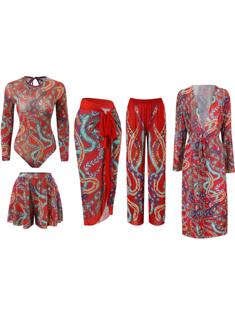 

Комплекты из 5 предметов, сексуальный купальник с высокой талией, женский летний купальный костюм, комплект бикини, купальник с длинными рукавами, пляжный купальный костюм Купальник