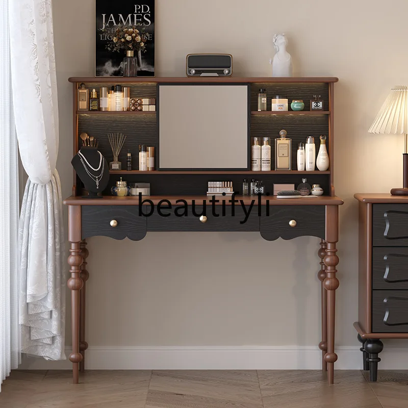 

American French Retro Master Bedroom Red Oak Dressing Table Storage Cabinet Desk Integrated Household Black Makeup Table
