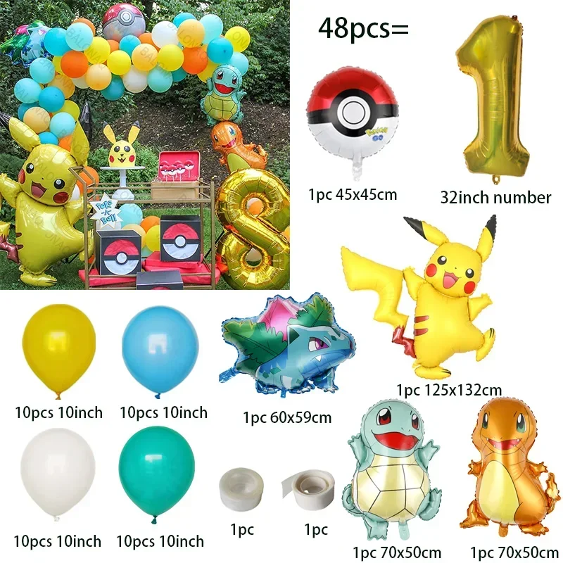 48pcs Pokemon Pikachu Balloon Kit Gold Digital Foil Balloon for 1-9year Child Birthday Party Decor Baby Shower Decor Supplies