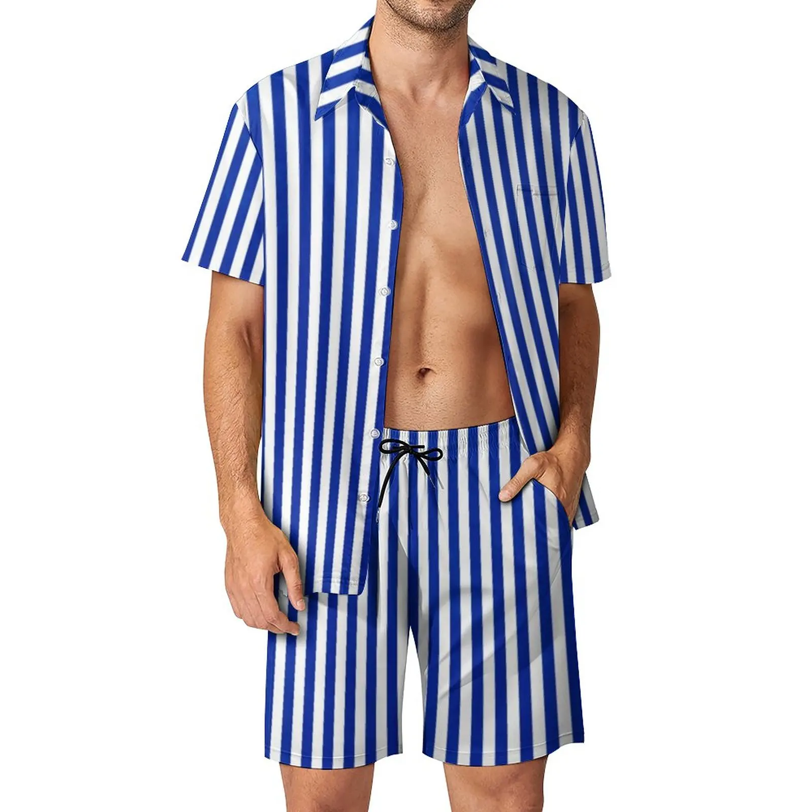 Nautical Blue And White Men Sets Vertical Stripes Casual Shorts Summer Vintage Beach Shirt Set Short Sleeve Design Oversize Suit