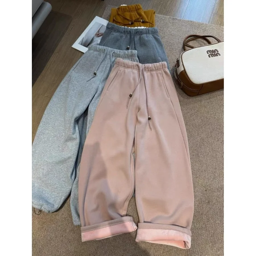 Eleganckie, aksamitne spodnie damskie z wysokim stanem i szerokimi nogawkami, sportowe, codzienne, jesienno-zimowe, koreańskie, dwustronne, wyszczuplające...