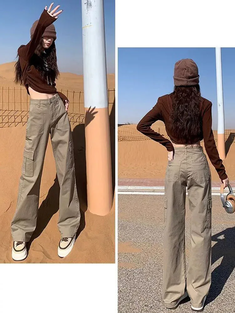 2025 가을 겨울 신상 하이웨이스트 아메리칸 스트레이트 와이드 레그 카고 팬츠 여성 패션 스트릿 진
