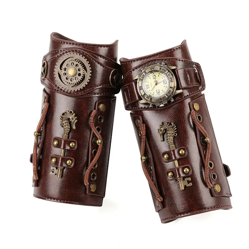 Steampunk Wrist Guard Retro Mechanical Gear Medieval Watch Leather Wrister Armor Archer Prop Cosplay Anime Accessory Men MN7