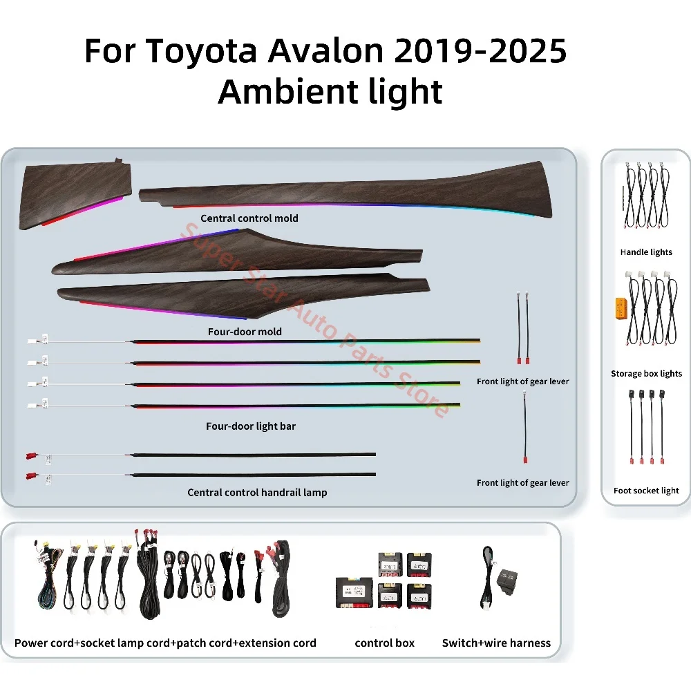 

Для Toyota Avalon 2019-2024 Ambient Light, модернизация внутреннего освещения автомобиля, автомобильные аксессуары, атмосферная лампа, фортепиано, черное дерево