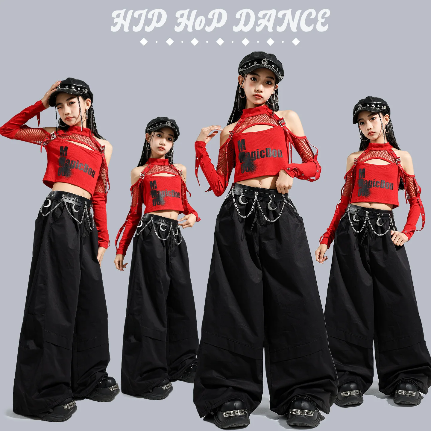 

Hip Hop Girls K-pop Red Off Shoulder Tops Street Dance Cargo Pants Children Group Clothes Set Kids Streetwear Jazz Costume