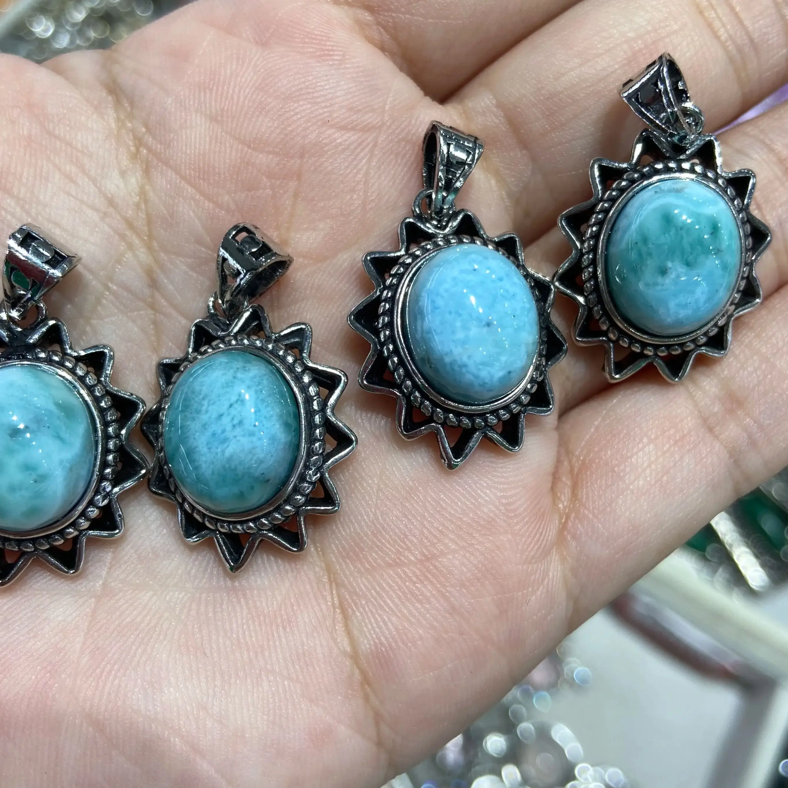 Natural Larimar Jewelry Gifts Classic Pendant Necklace Retro Woman Sun fFlower Shape Charm Silver plated Copper Pendant