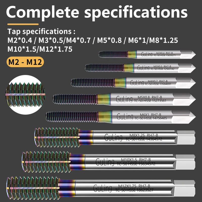 굴링 1세트 M2-M12 베어링 스틸 테이퍼 성형 탭 세트 키트 나사산 탭 드릴 8개입: M2 M3 M4 M5 M6 M8 M10 M12