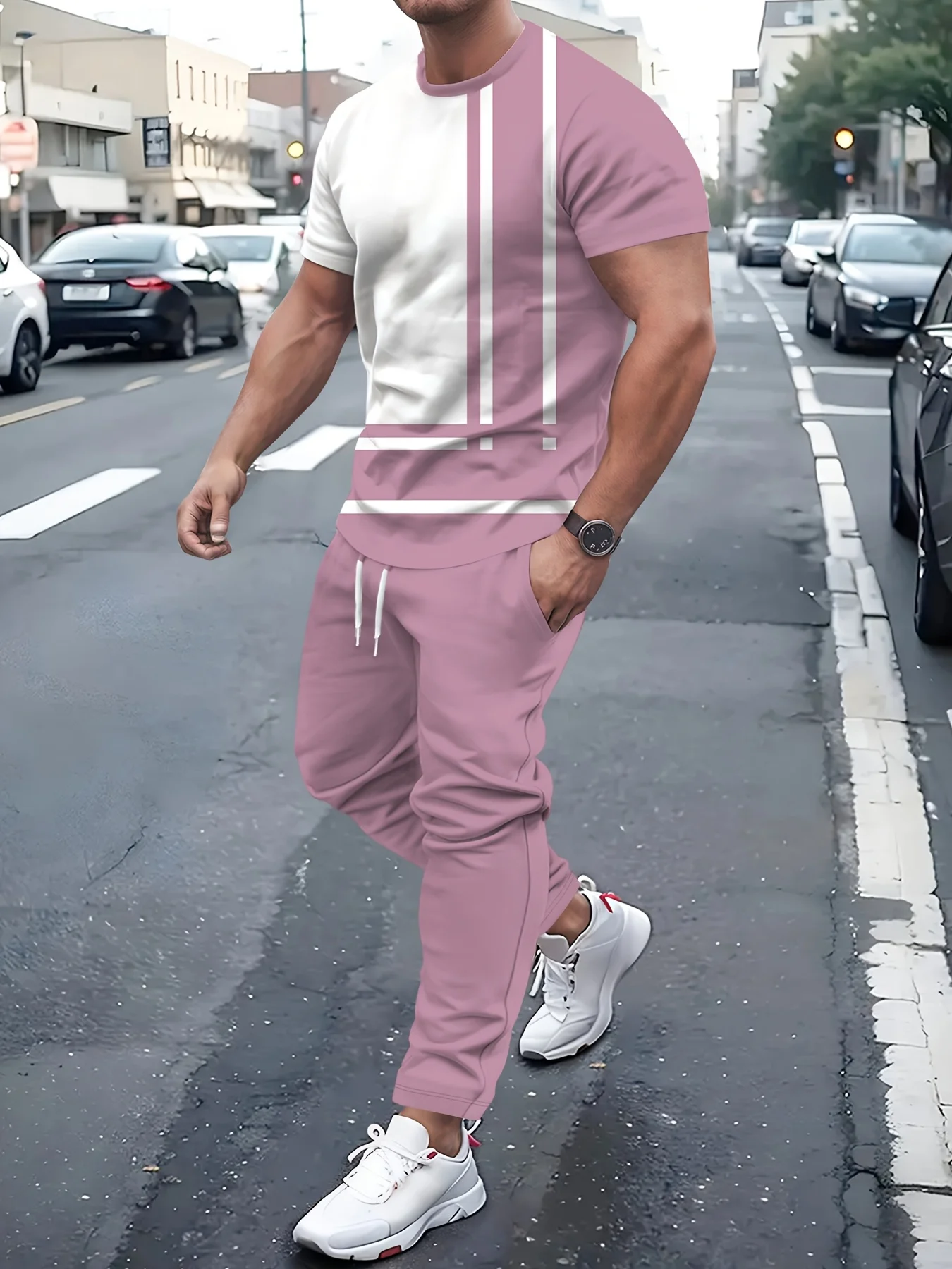 بدلة رجالية صيفية جديدة لعام 2025 مع طباعة مربعات ثلاثية الأبعاد كاجوال عصرية وناعمة ومريحة