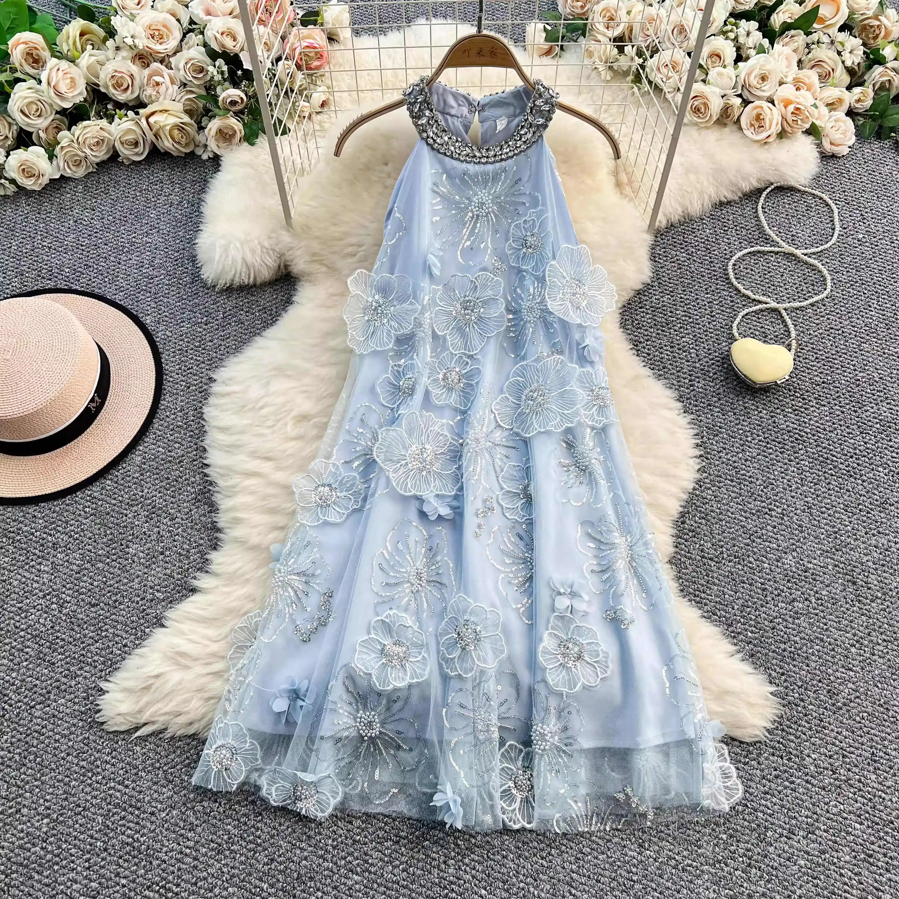 Golden Beading Mesh Dress Women Sleeveless Halter Summer Streetwear Chic Clothing Lady Holiday Party Summer Vestidos Bodycon