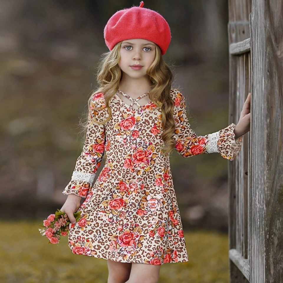  Spring Autumn New Dress For Girl Lace Fragmented Flower long sleeve dresses party wedding bohemian wedding dress Kids clothes 