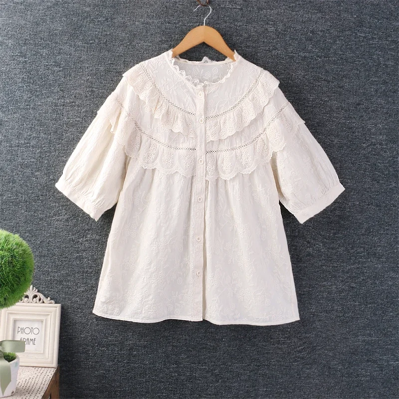 

Summer Japan Style Mori Girl Cute Lace Embroidery Shirt Women Short Sleeve O-neck Casual Loose Tops Blusa Feminina