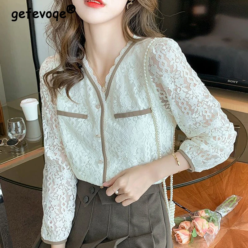 Women Korean Fashion Sexy Lace Chic Elegant Shirts Spring Summer Vintage Casual Blouses Solid V Neck Long Sleeve Tops Slim Blusa